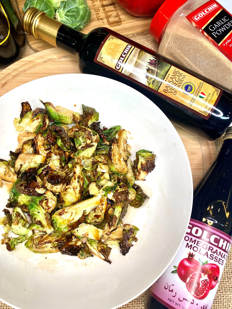 Balsamic Vinegar and Pomegranate Molasses Air Fried Brussels Sprouts