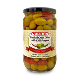 GOLCHIN CRACKED GREEN OLIVES W/CHILI PEPPERS